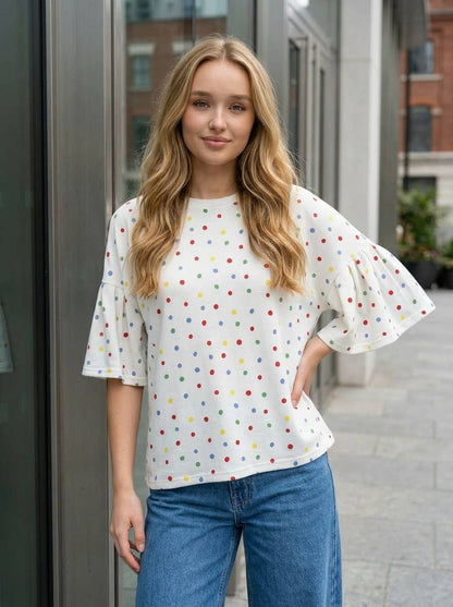 Vine & Love - Colorful Polka Dot Short Ruffle Sleeve Knit Top VT82765A