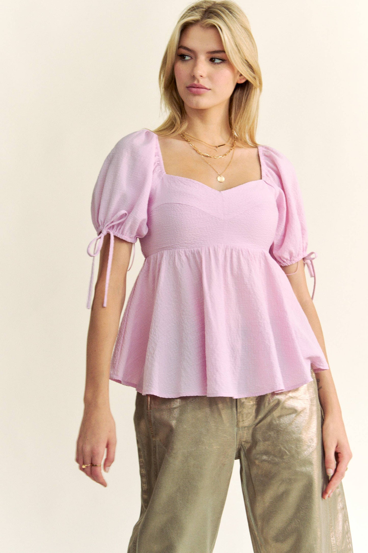 SOLID ELASTIC PEPLUM PUFFED SLEEVES BLOUSE TOP