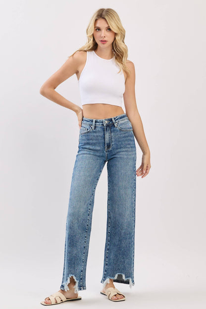 Petra153 - P1544W-MA HIGH RISE SLIM WIDE LEG W/ DESTROYED HEM JEANS
