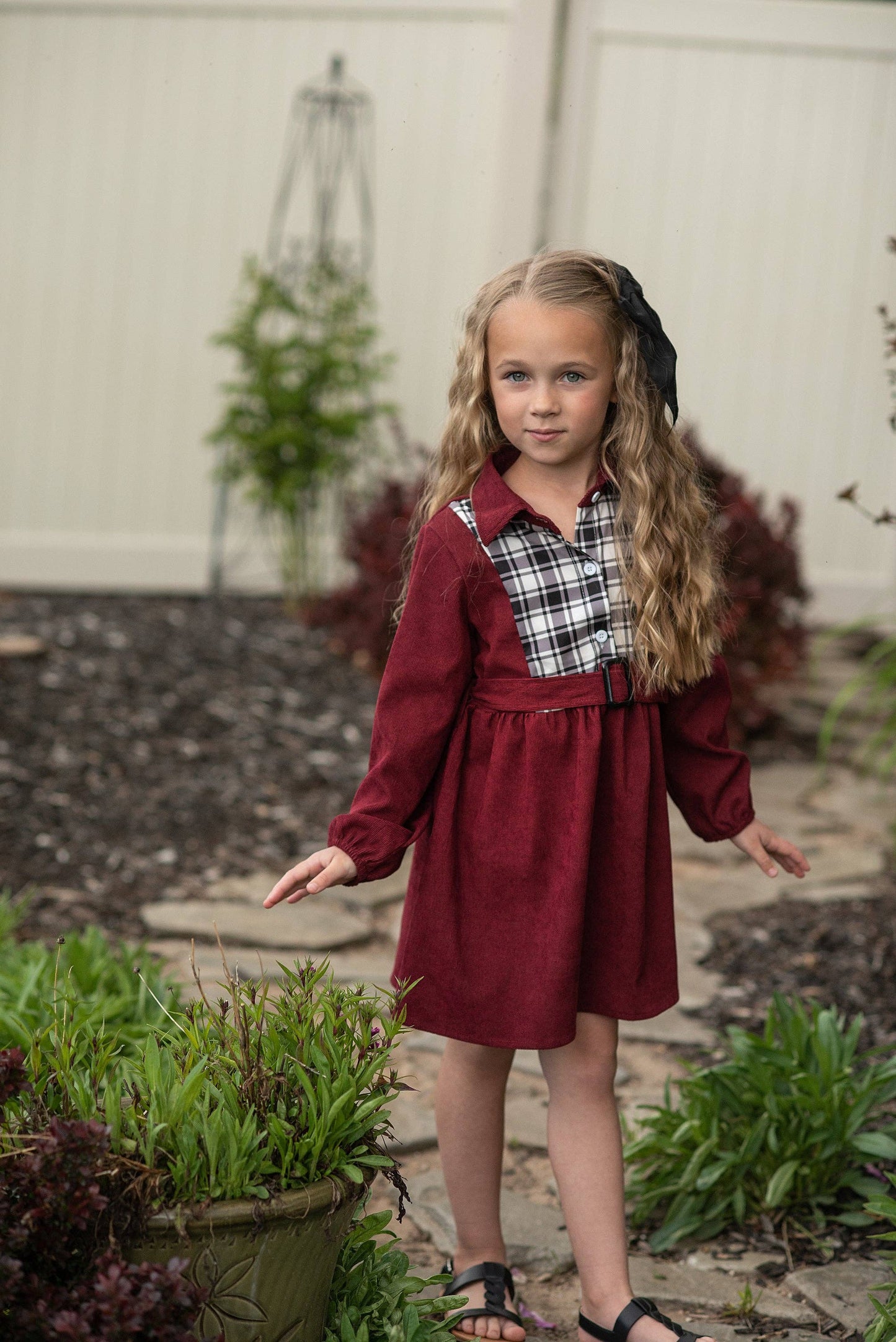 Wren & James - Kids Burgundy Black & White Plaid Yoke Long Sleeve Dress