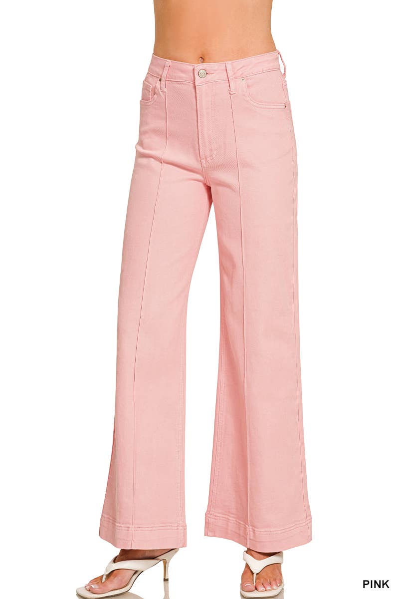 42POPS -  High Rise Wide Leg Pintuck Color Denim Pants
