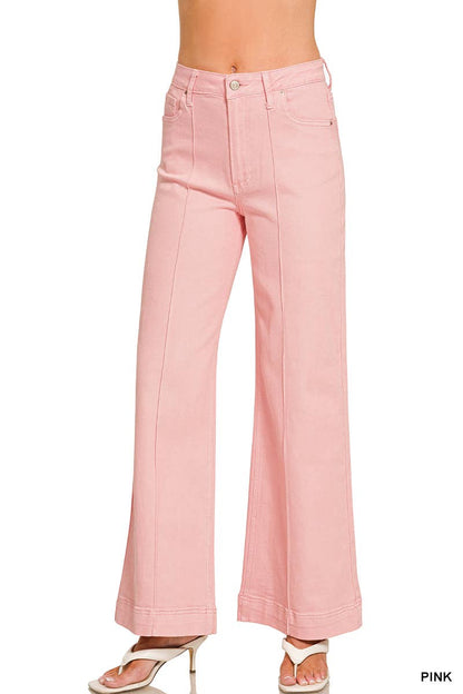 42POPS -  High Rise Wide Leg Pintuck Color Denim Pants