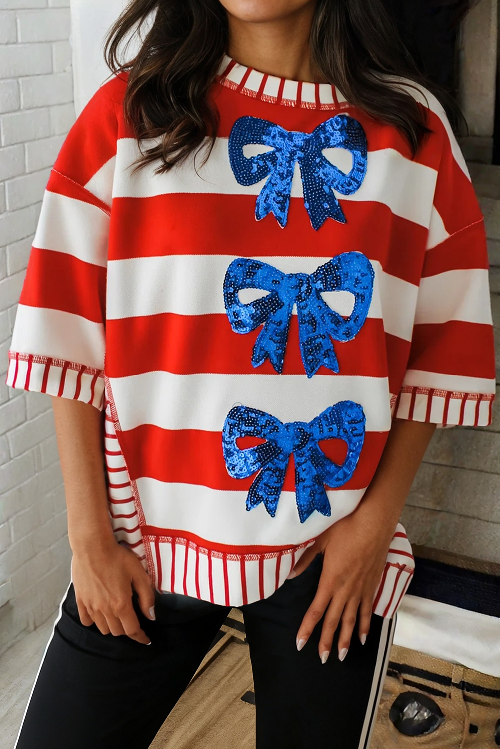 Stripe Sequin Bow Patriotic Half Sleeve Top
