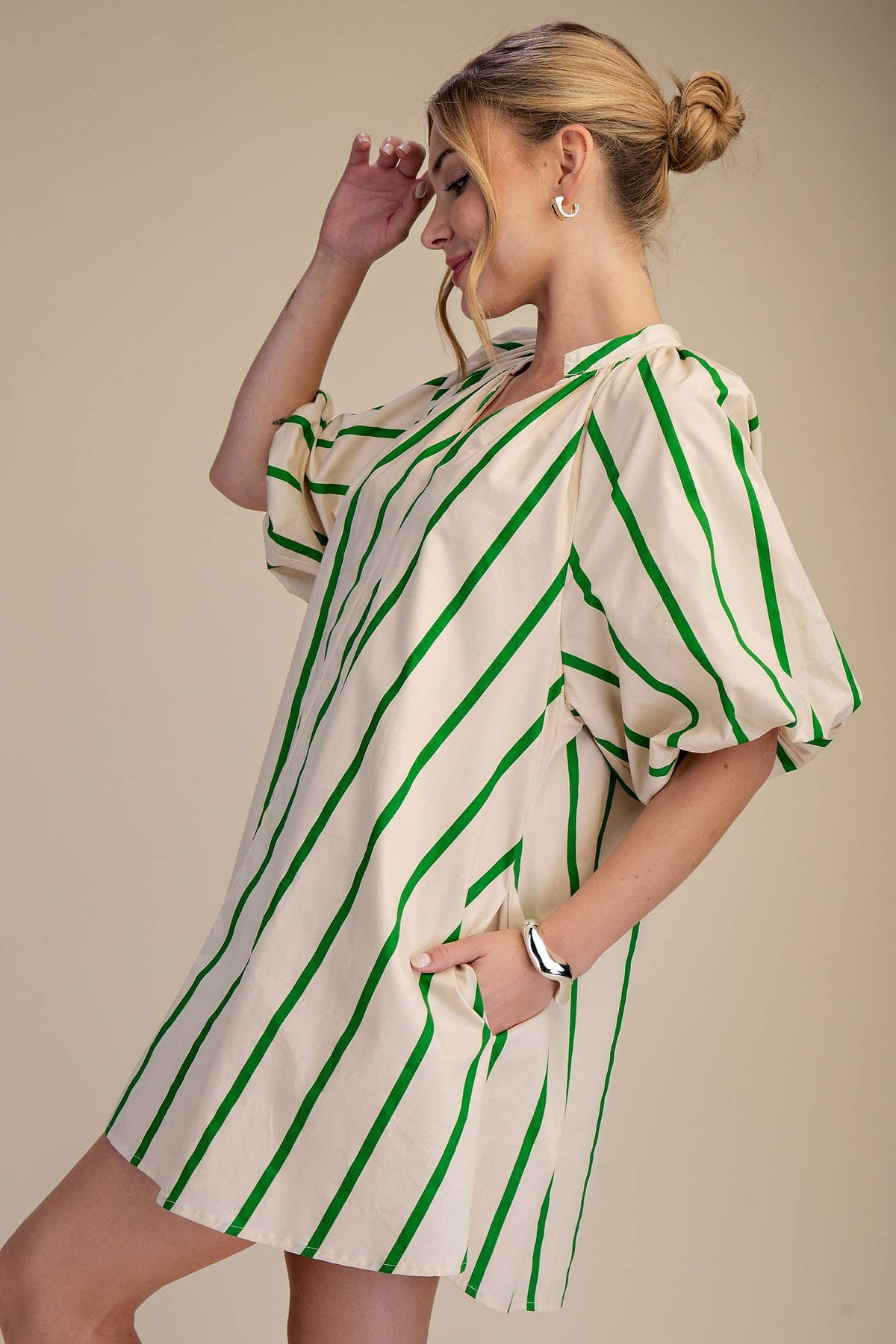 Glam - Puff-Sleeve Stripe Mini Shift Dress