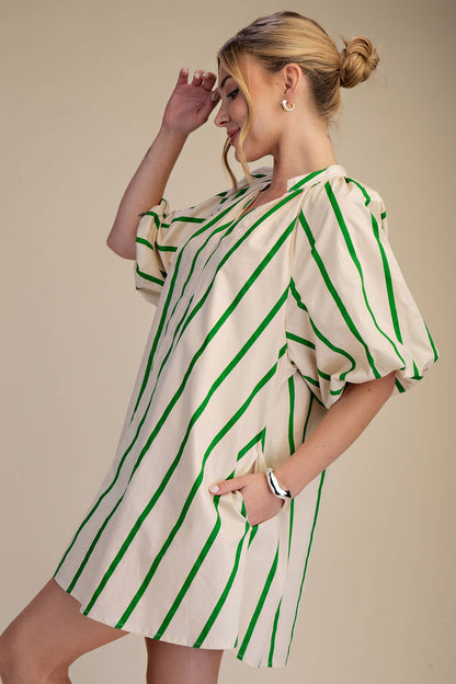 Glam - Puff-Sleeve Stripe Mini Shift Dress