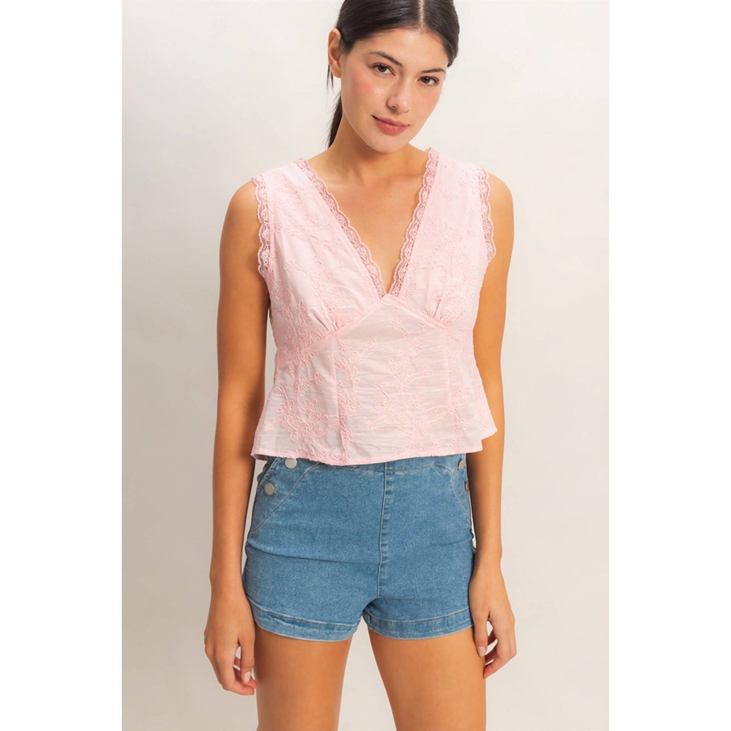 HYFVE - V-Neck Floral Lace Trim Top