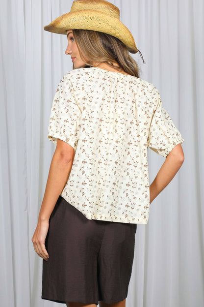 Vine & Love - Floral Print Round Neck 100%Cotton Blouse Top VT60716A