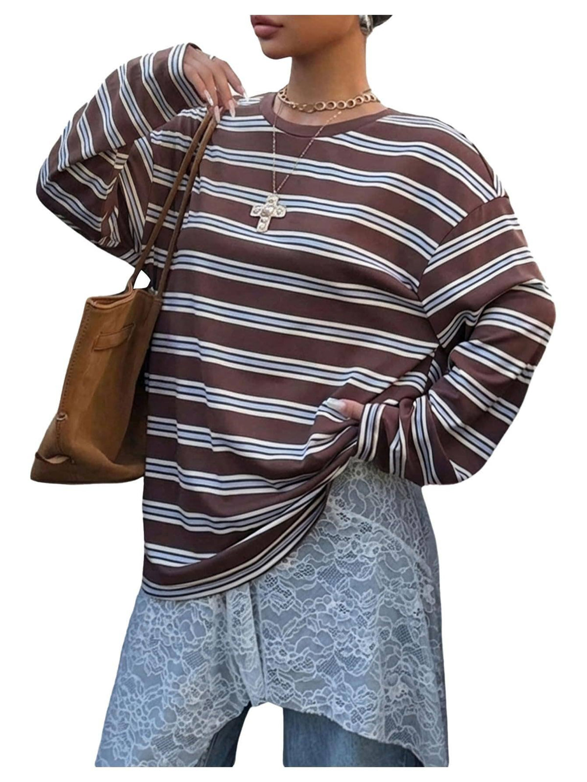 HIDDENBRAND - Retro Versatile Crewneck Drop Shoulder Striped T-Shirt