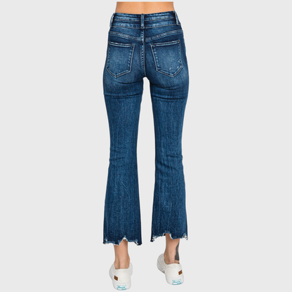 Petra153 - P797AHB-DK HIGH RISE CROP BOOTCUT JEANS W/ FRAYED HEM