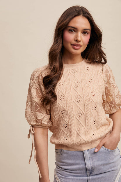 Listicle - Eyelet Puff Sleeve Knit Sweater Top