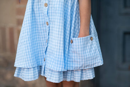 Kids Blue & White Gingham Check Pocket Ruffle Spring Dress