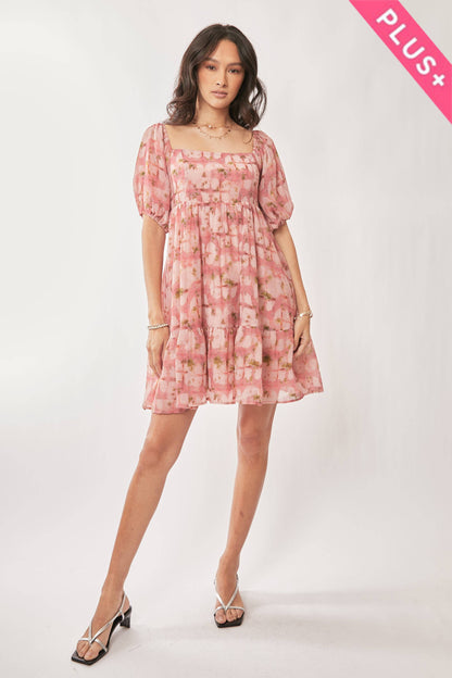 Davi & Dani - PLUS FLORAL BALLOON SLEEVE RUFFLE STRAP MINI DRESS