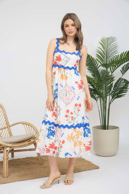FLORAL PATTERN WAVY DETAIL SLEEVELESS MIDI DRESS