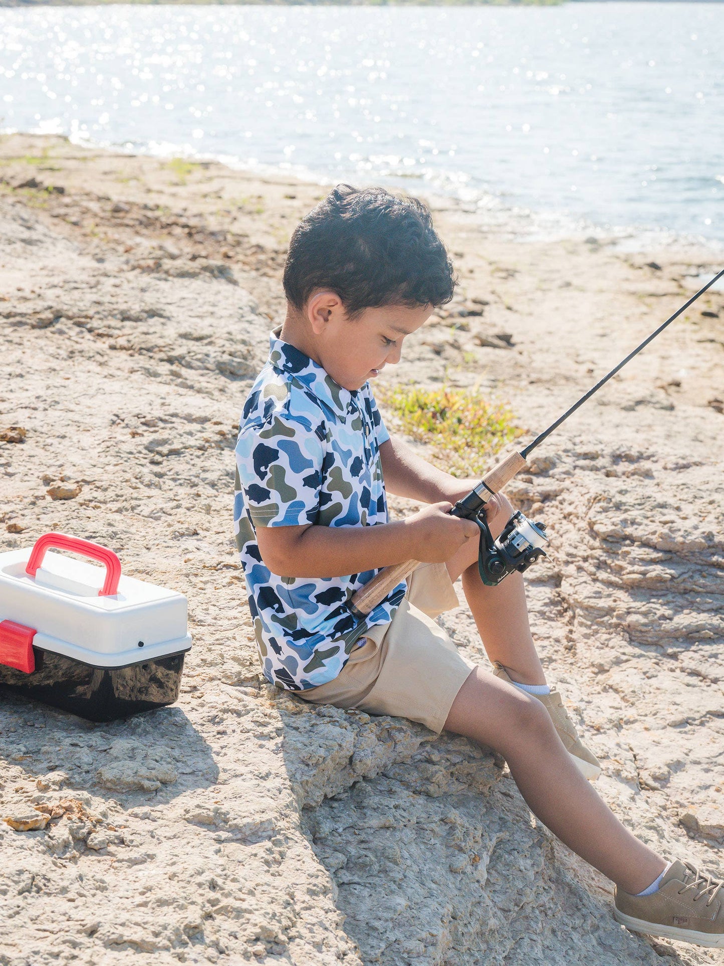 RuffleButts + RuggedButts - Boys Fish Camo Catch Knit Short Sleeve Performance Polo