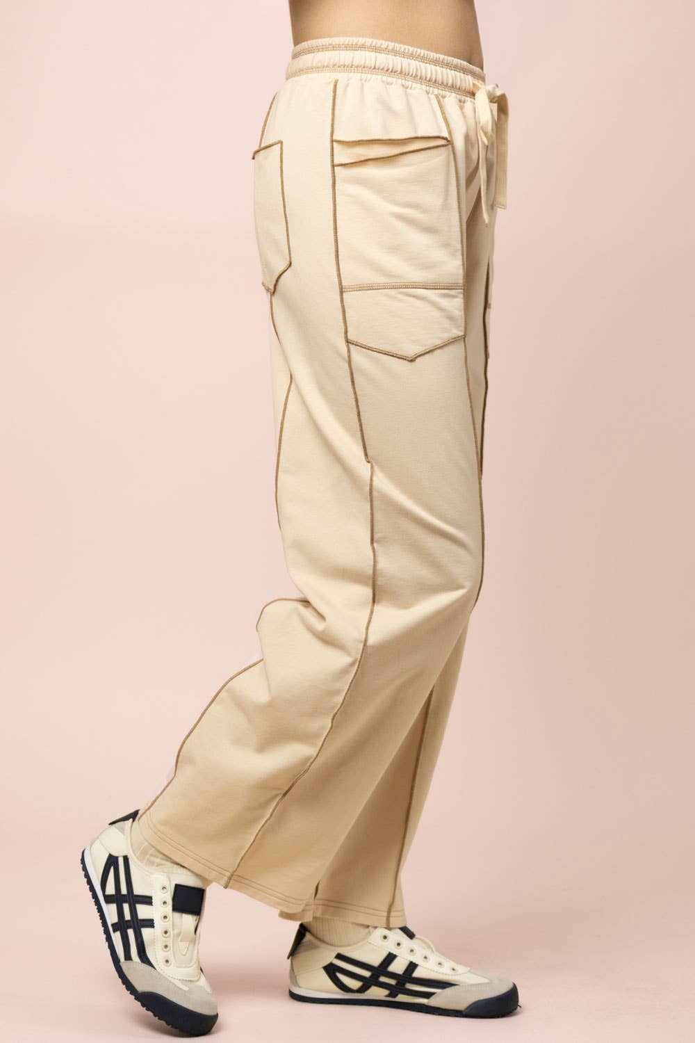 Cream Stitch Detail Casual Knit Pants