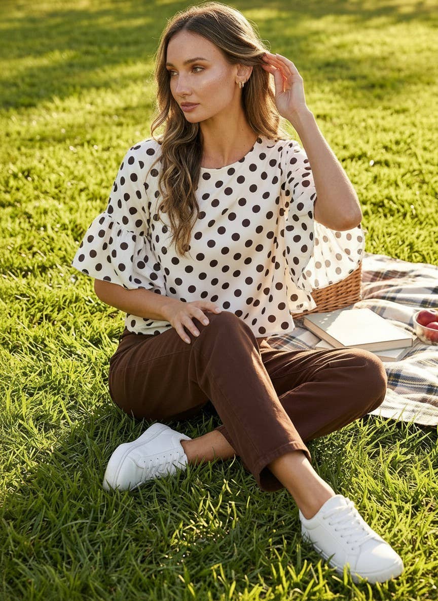 Vine & Love - Polka Dot Wild Ruffle Sleeve Flowy Blouse Top VT83104D