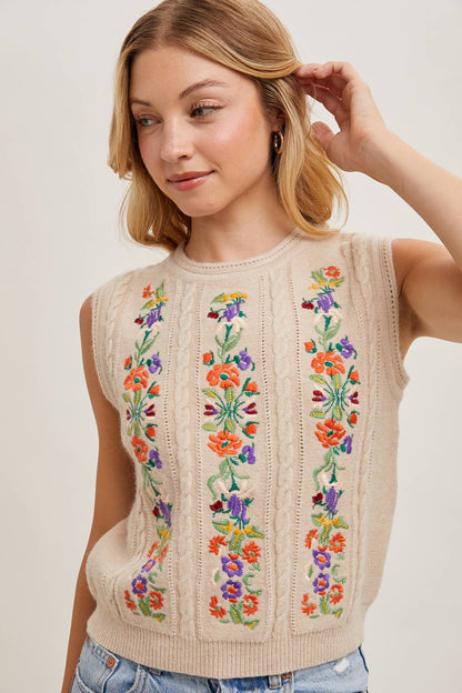 EMBROIDERED SLEEVELESS KNIT TANK TOP