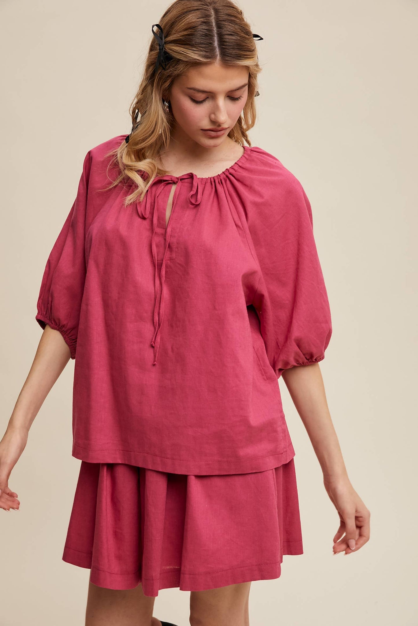 Listicle - Linen Puff Sleeve Blouse & Pleated Skirt Set