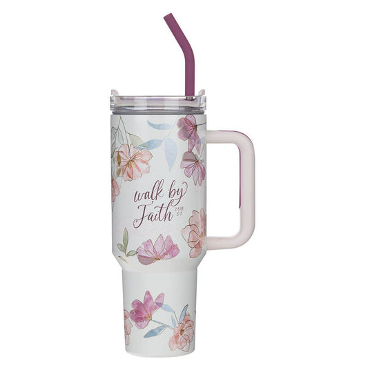 Christian Art Gifts - Tumbler w/straw SS White Floral Walk By Faith 2 Cor. 5:7