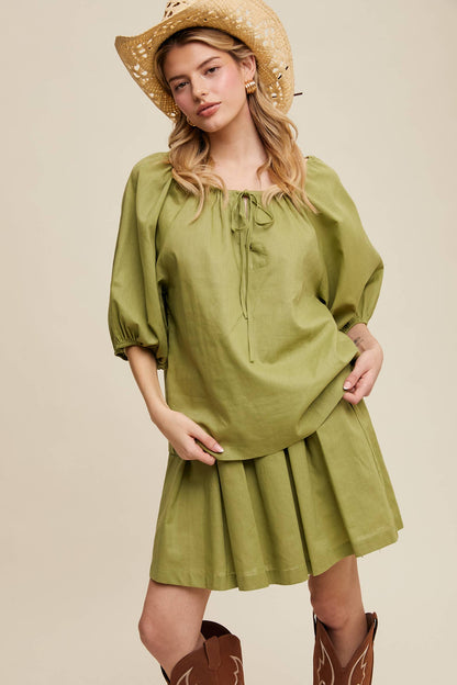 Listicle - Linen Puff Sleeve Blouse & Pleated Skirt Set