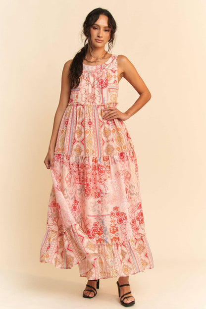 GEO FLORAL MIX SLEEVELESS TIRERED MAXI DRESS