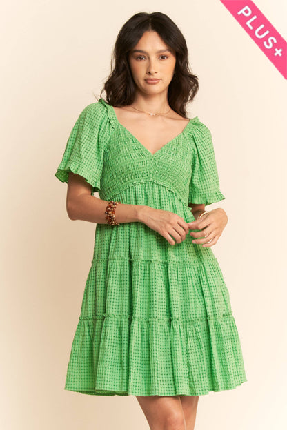 PLUS SMOCKING BODICE RUFFLE SLEEVE TIERED DRESS