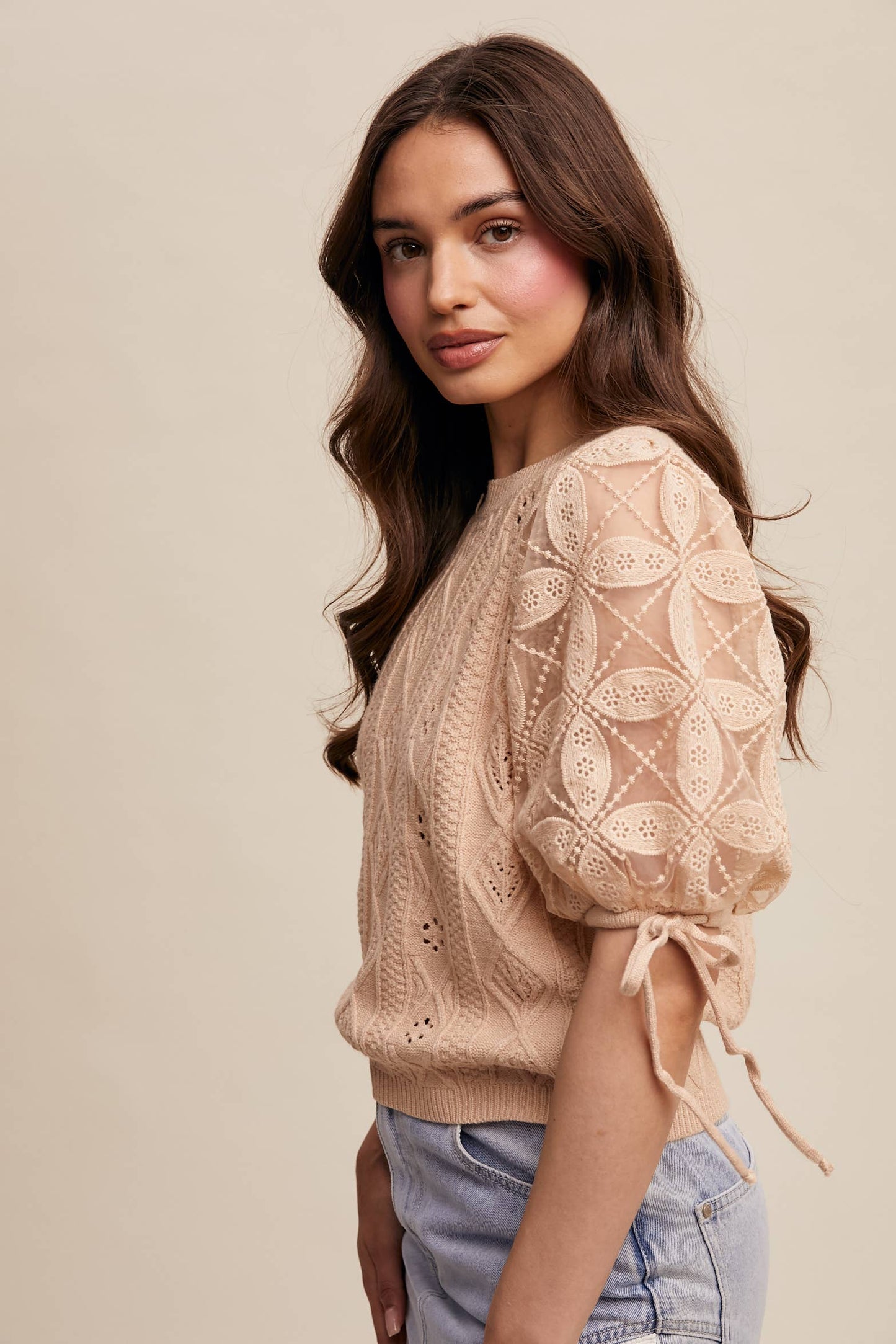 Listicle - Eyelet Puff Sleeve Knit Sweater Top