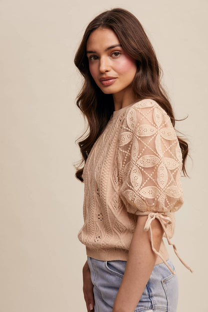 Listicle - Eyelet Puff Sleeve Knit Sweater Top