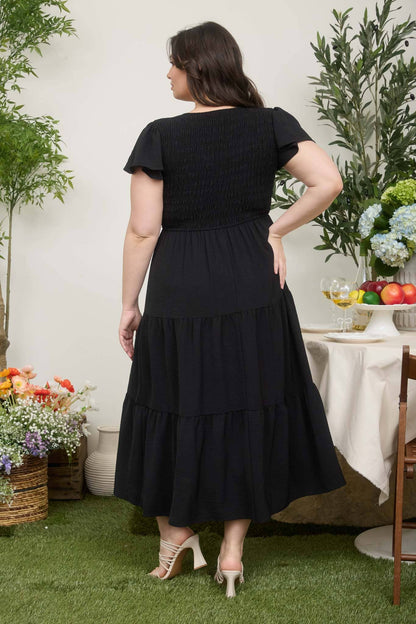 PLUS FLUTTER SLEEVE V NECK SMOCKED MIDI DRESS
