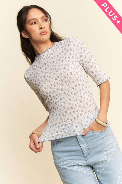 Davi & Dani - PLUS LACE STRETCH FLORAL MARROW EDGE KNIT TOP