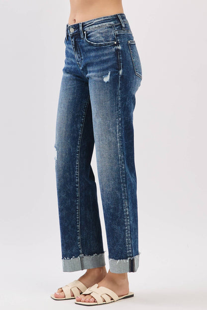 Petra153 - P1546T-DA MID RISE LOOSE STRAIGHT W/ CUFFED HEM JEANS