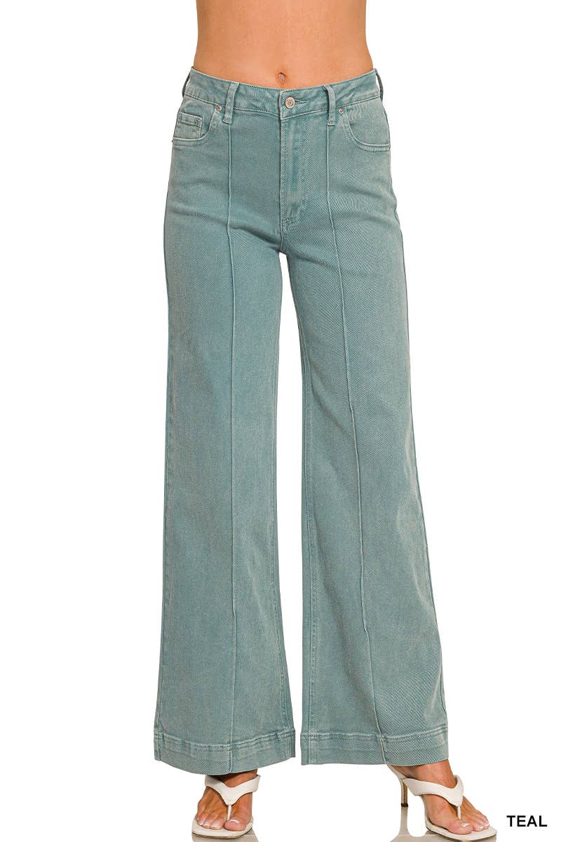 42POPS -  High Rise Wide Leg Pintuck Color Denim Pants