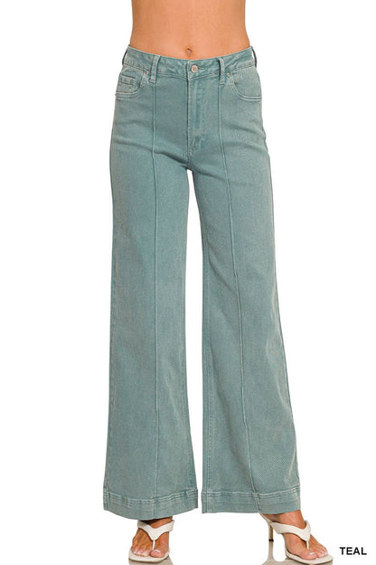 42POPS -  High Rise Wide Leg Pintuck Color Denim Pants