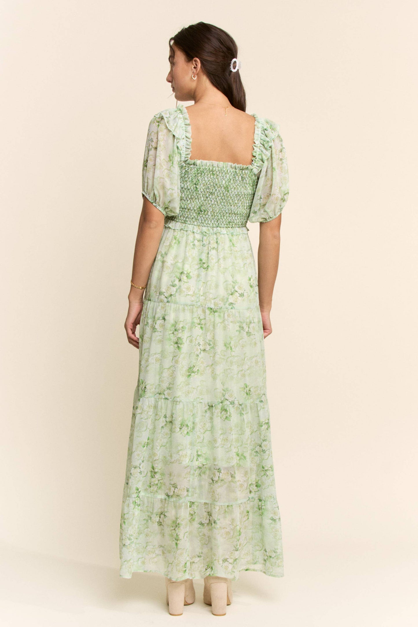 Davi & Dani - SMOCKED SQUARE NECK TIERED FLORAL MAXI DRESS