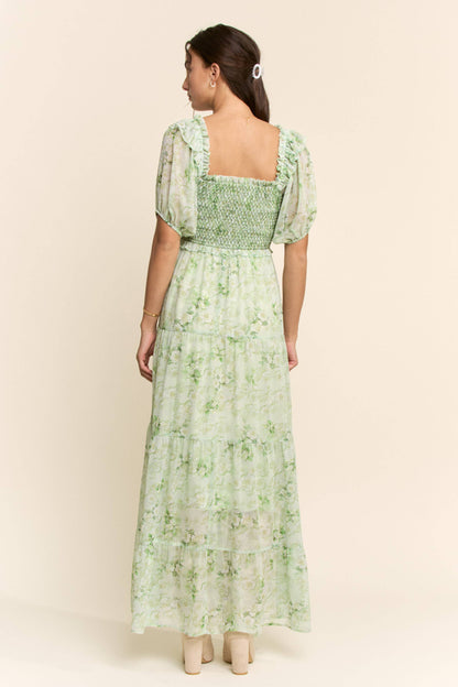 Davi & Dani - SMOCKED SQUARE NECK TIERED FLORAL MAXI DRESS