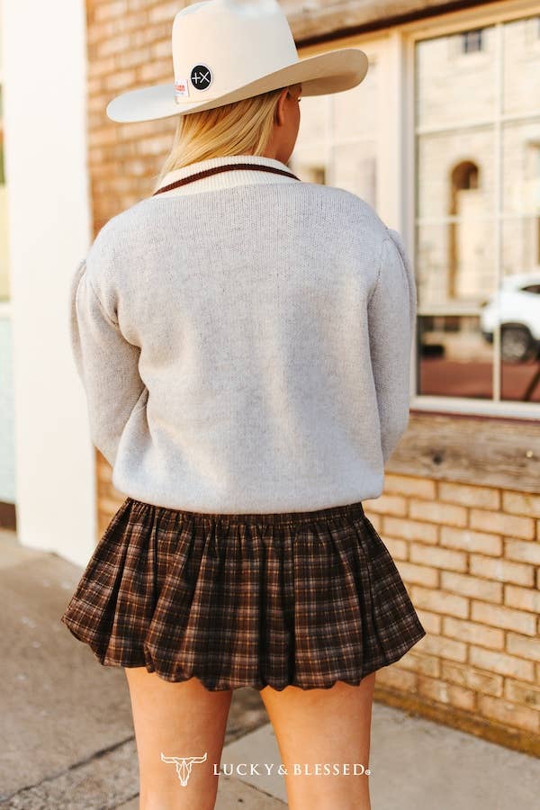 Tan Horseshoe Knit Puff Sleeve Collared Sweater