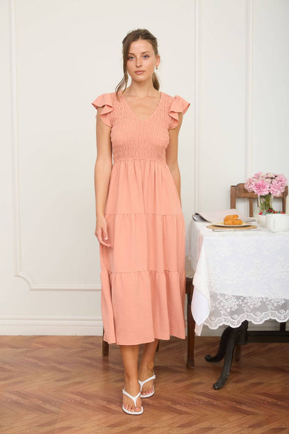 Blu Pepper - FLUTTER SLEEVE V NECK SMOCKED MIDI DRESS