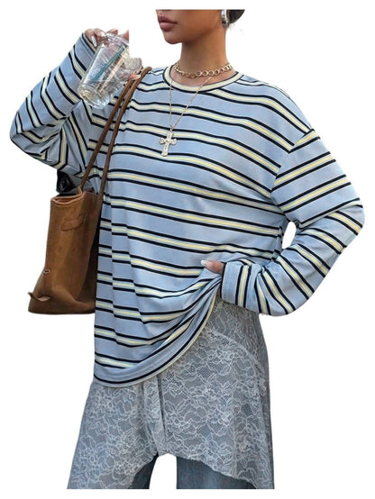 HIDDENBRAND - Retro Versatile Crewneck Drop Shoulder Striped T-Shirt