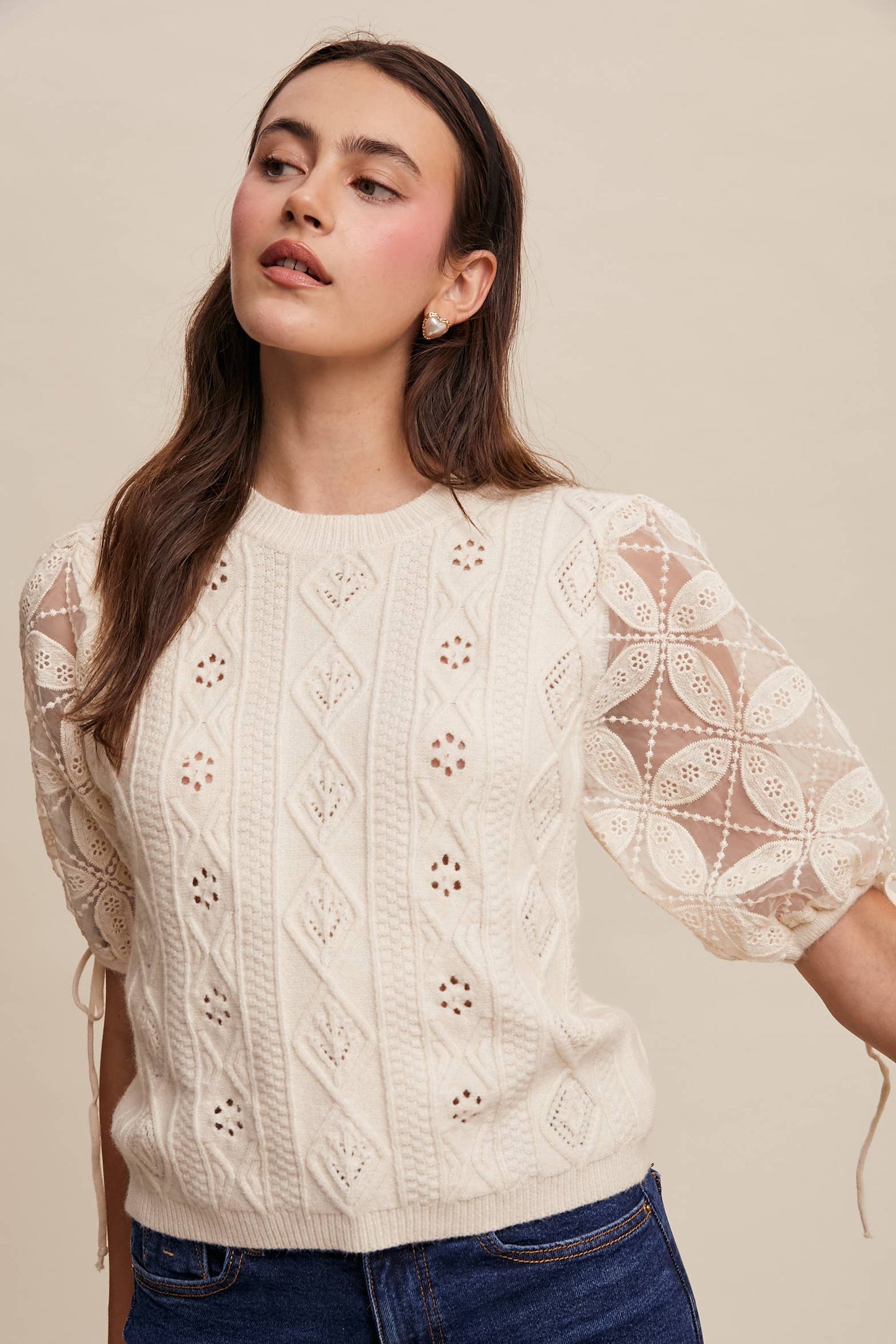 Listicle - Eyelet Puff Sleeve Knit Sweater Top