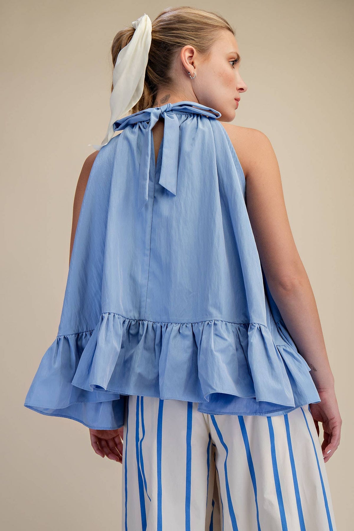 Glam - Halter Neck Sleeveless Back Neck Tie Ruffle Top