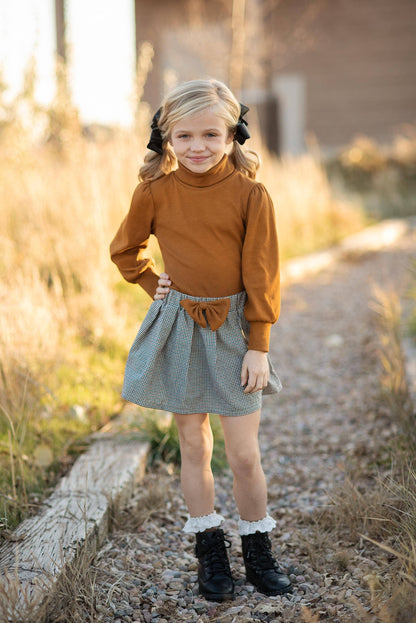 Wren & James - Kids Carmel Puff Sleeve Top & Bow Check Fall Skirt Set