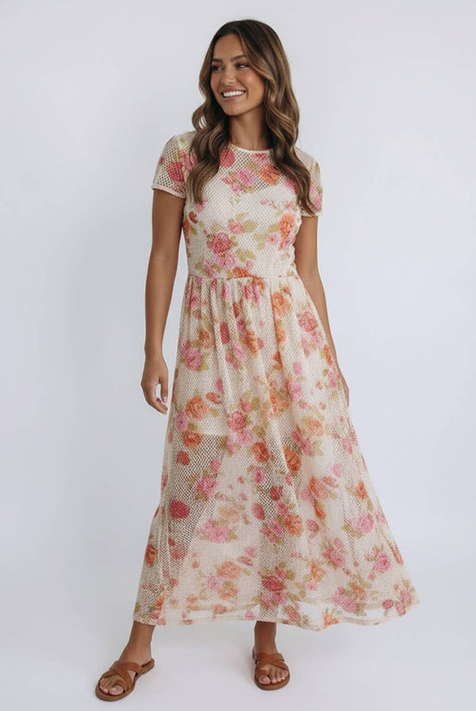 Kori America - FLORAL PRINT NETTED LINED MIDI DRESS