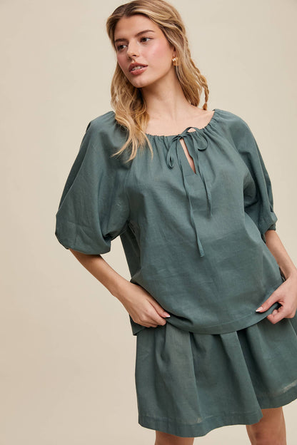 Listicle - Linen Puff Sleeve Blouse & Pleated Skirt Set