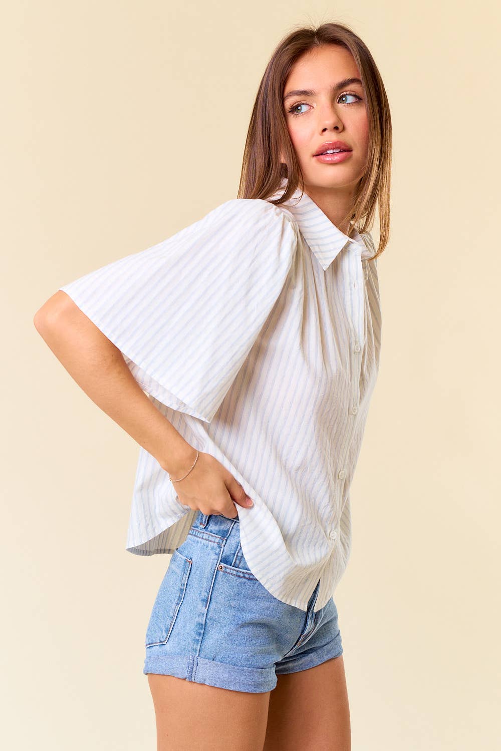 Stripe Short Sleeve Flowy Button-Down Shirt