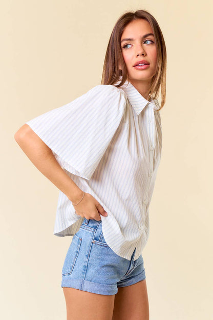 Stripe Short Sleeve Flowy Button-Down Shirt