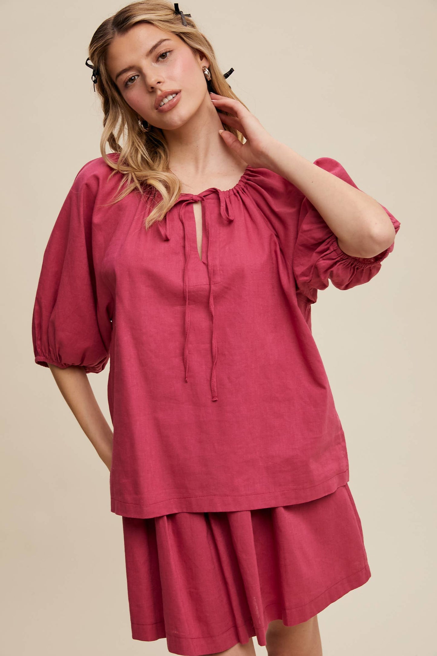 Listicle - Linen Puff Sleeve Blouse & Pleated Skirt Set