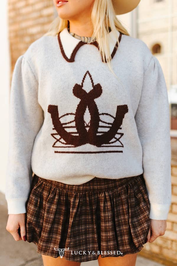 Tan Horseshoe Knit Puff Sleeve Collared Sweater