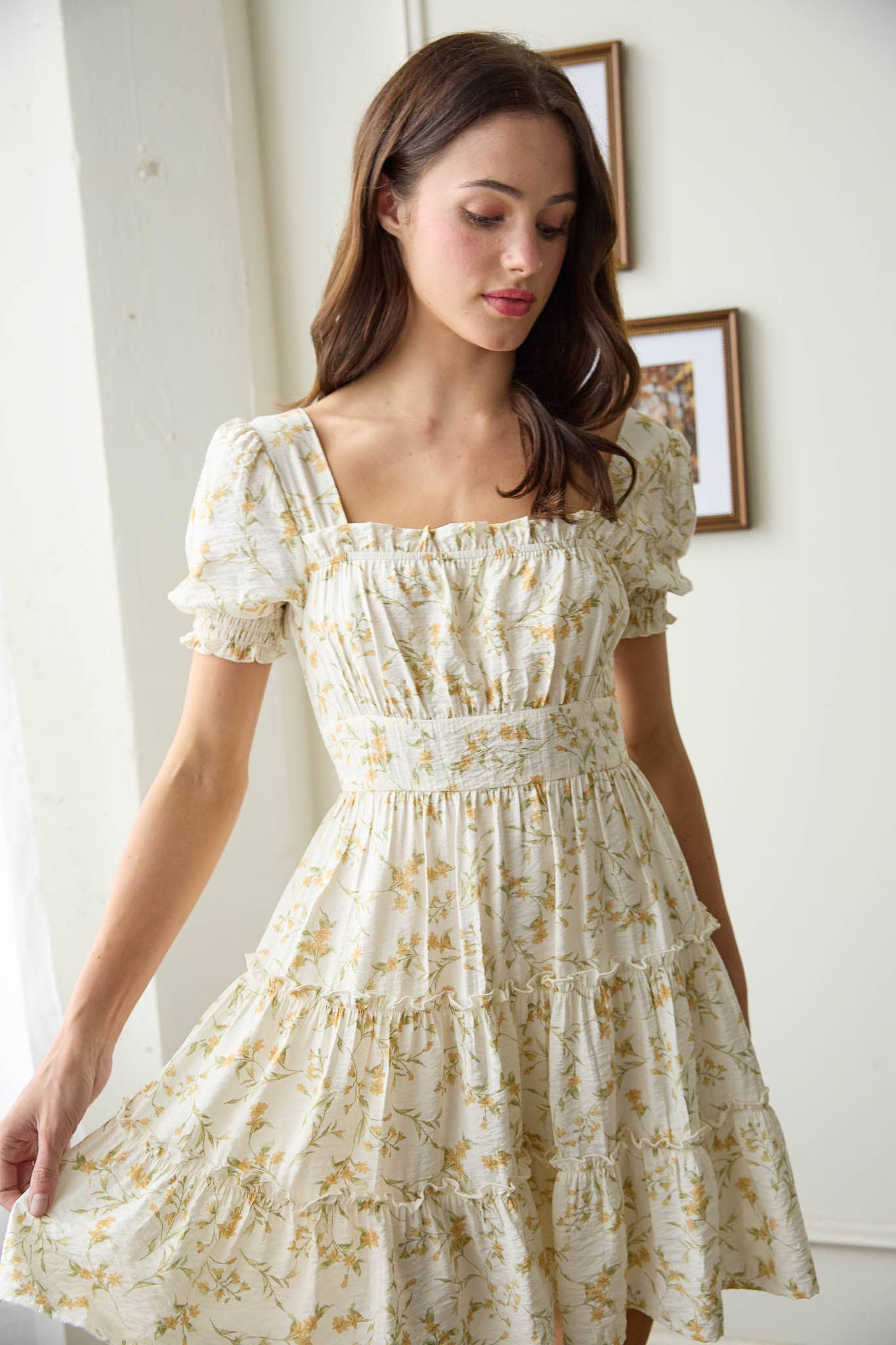 Ivory Floral square neck smocked tiered dress