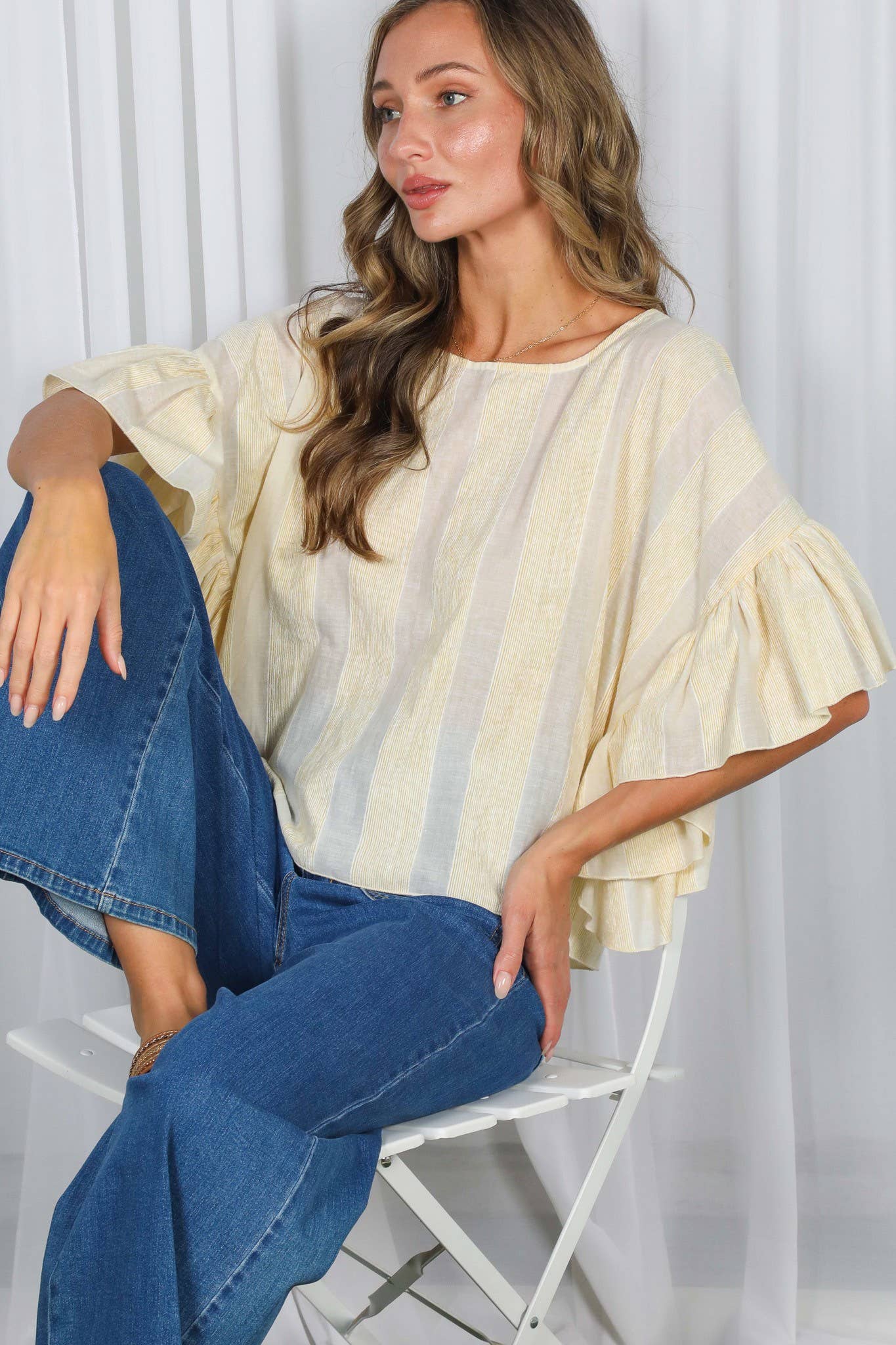 Wild Ruffle Embellished Sleeve Flowy Striped Top