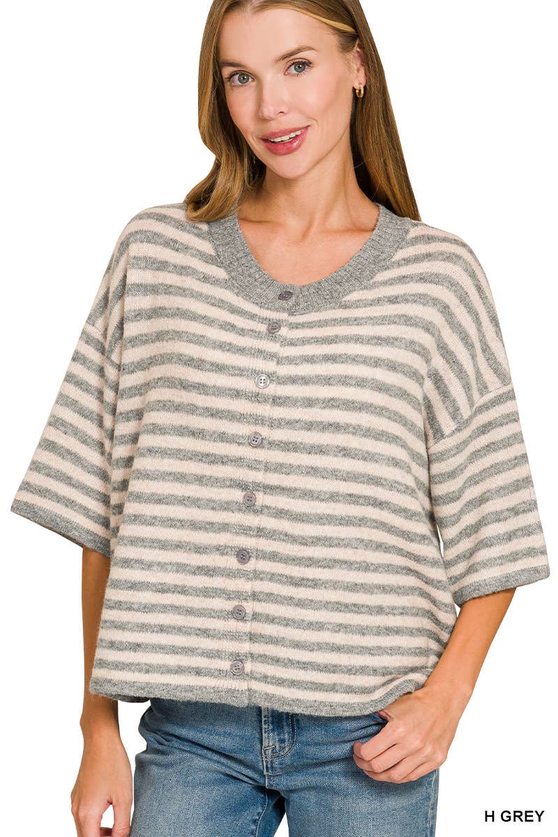 Striped Wool Blend Short Sleeve Cardigan Sweater